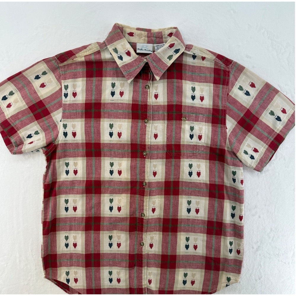VTG Bobbie brooks Plaid womens L button down embroidered hearts Cottagecore 80s